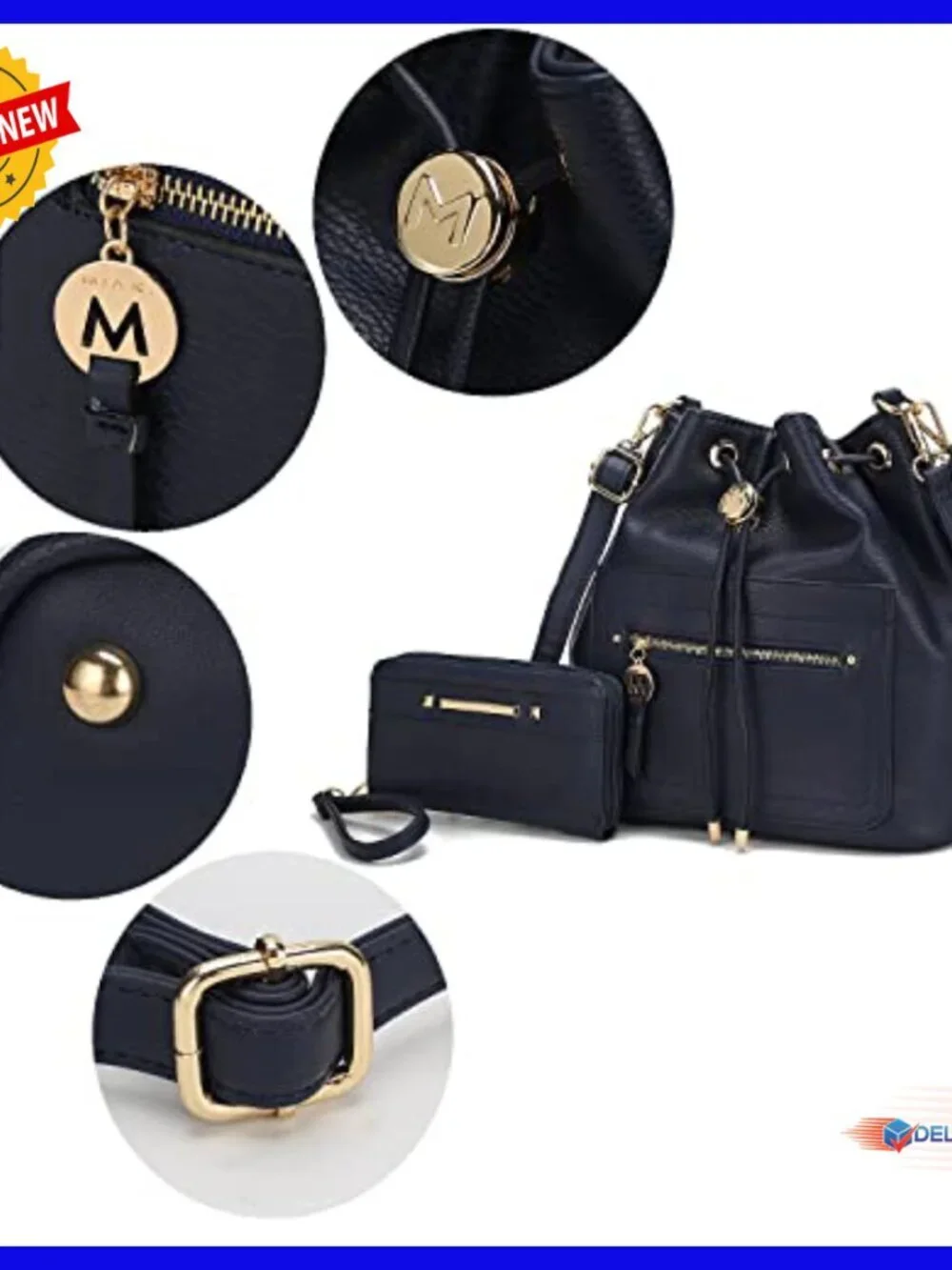 Large Vegan Leather Crossbody Bucket Bag with Drawstring & Wristlet Wallet